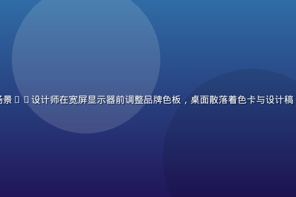 就去色色平面设计师使用场景——设计师在宽屏显示器前调整品牌色板，桌面散落着色卡与设计稿，专业工作室环境温暖有序